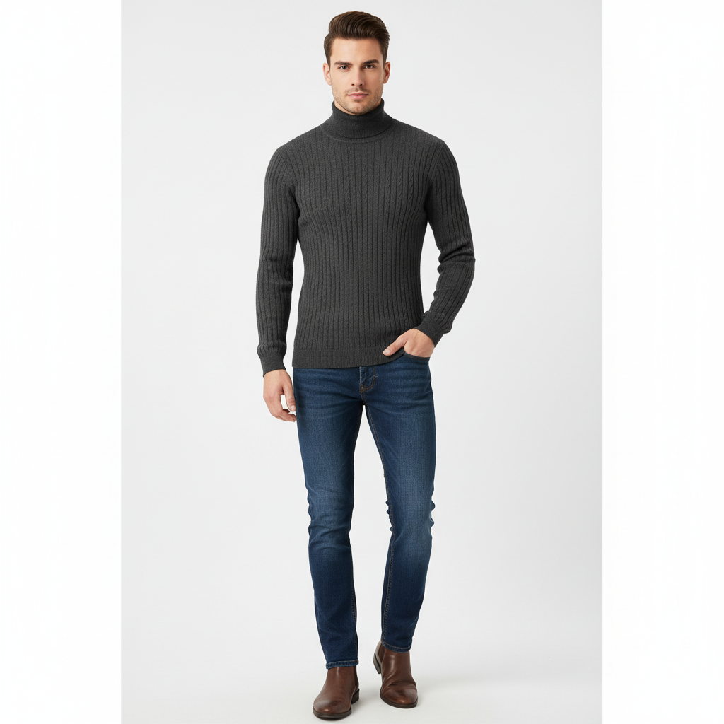 Premium Ribbed Knit Turtleneck Sweater – Coffee Brown