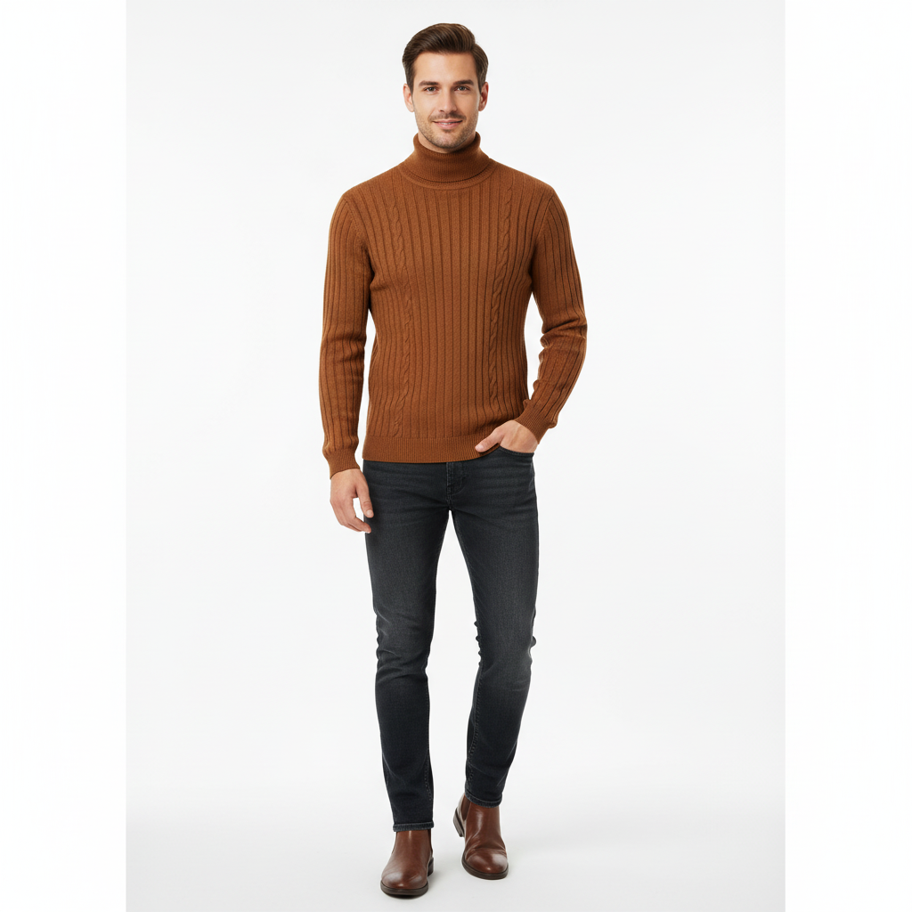 Premium Ribbed Knit Turtleneck Sweater – Coffee Brown