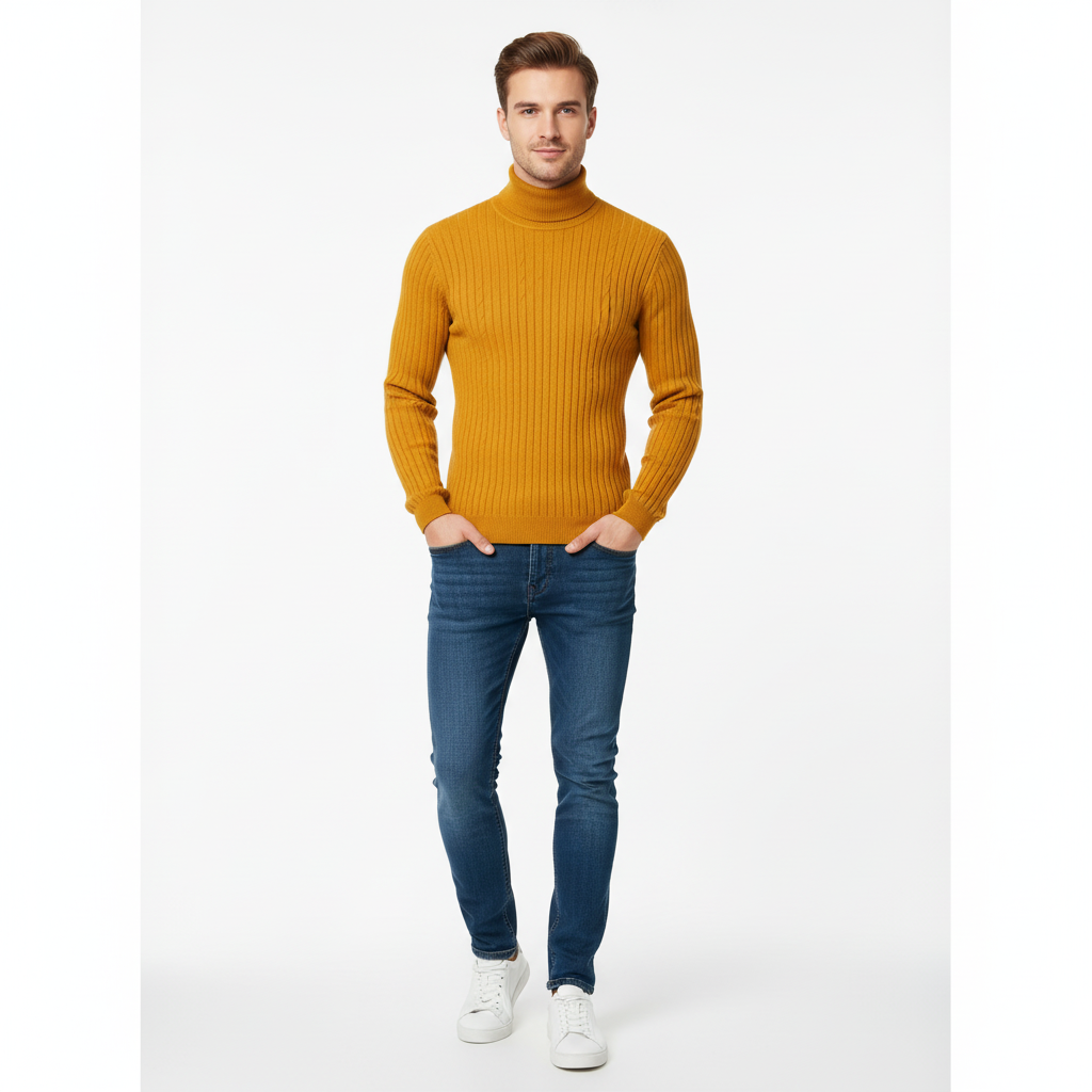 Premium Ribbed Knit Turtleneck Sweater – Coffee Brown