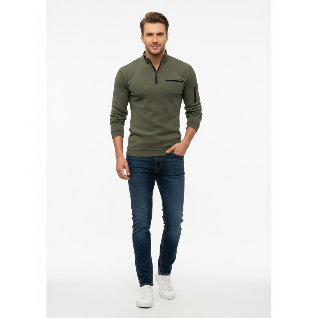 Tactical Quarter-Zip Ribbed Men’s Sweatshirt – Army Green