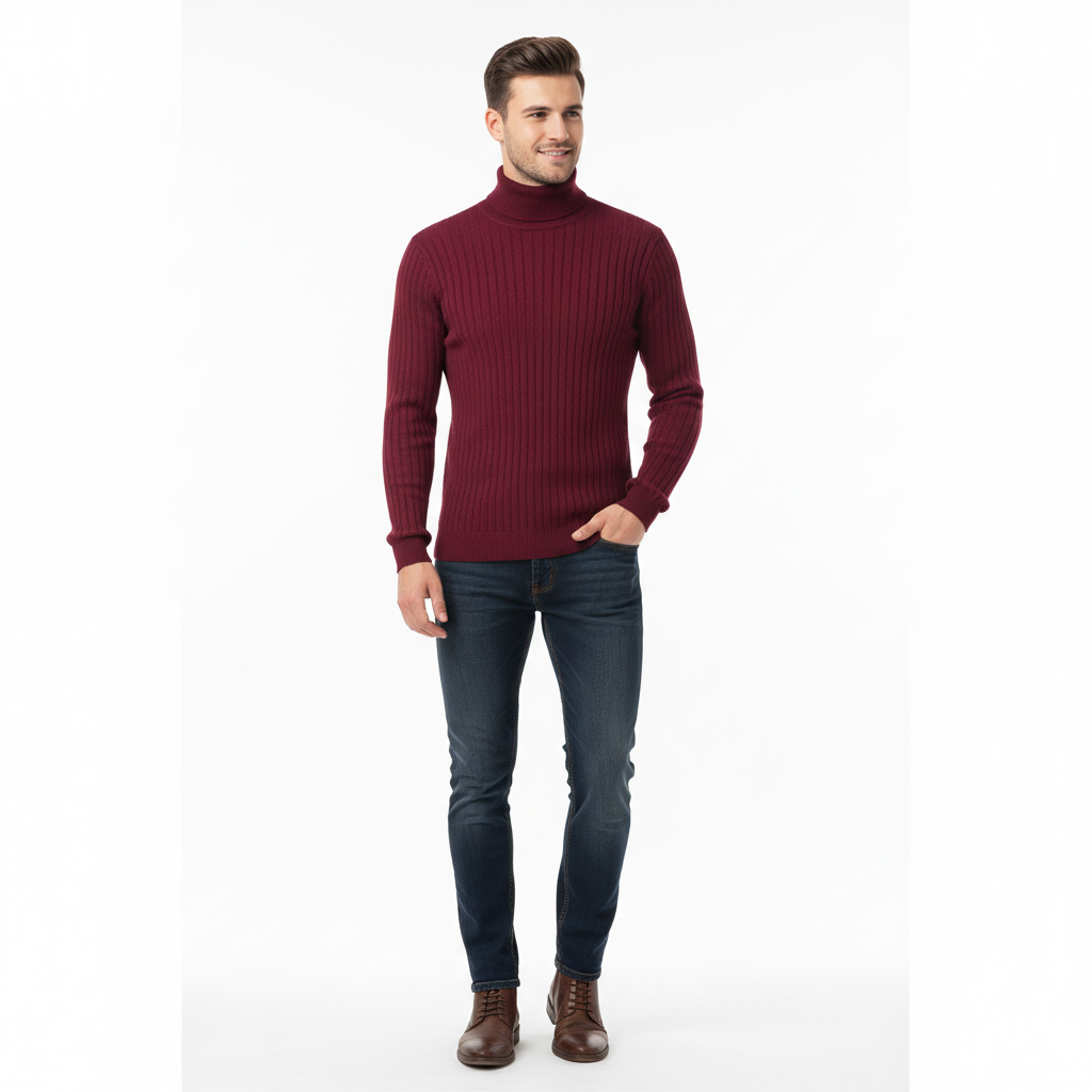 Premium Ribbed Knit Turtleneck Sweater – Coffee Brown